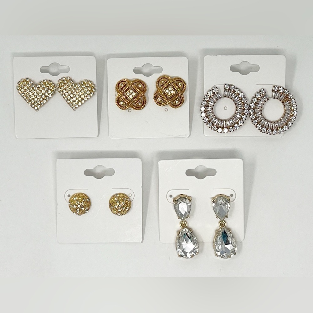 5 Pair of Pierced Earrings Gold Tone & Clear Rhinestones